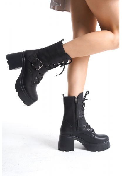 Linma Siyah Cilt Bağcıklı Topuklu Bot