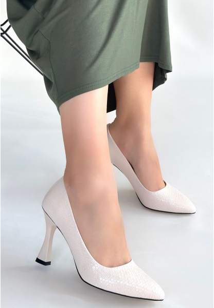 Merio Bej Baskılı Rugan Topuklu Ayakkabı