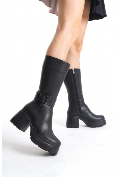 Moki Siyah Cilt Topuklu Çizme