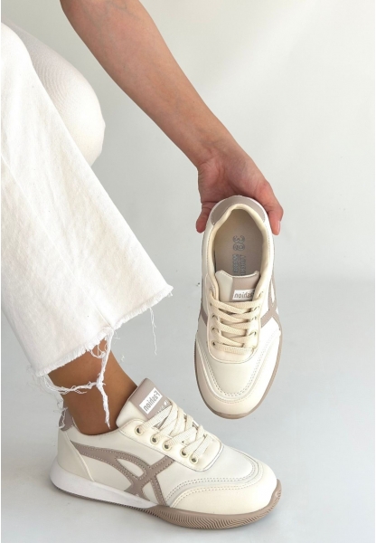 Zlay Bej Cilt Vizon Detaylı Bağcıklı Spor Ayakkabı